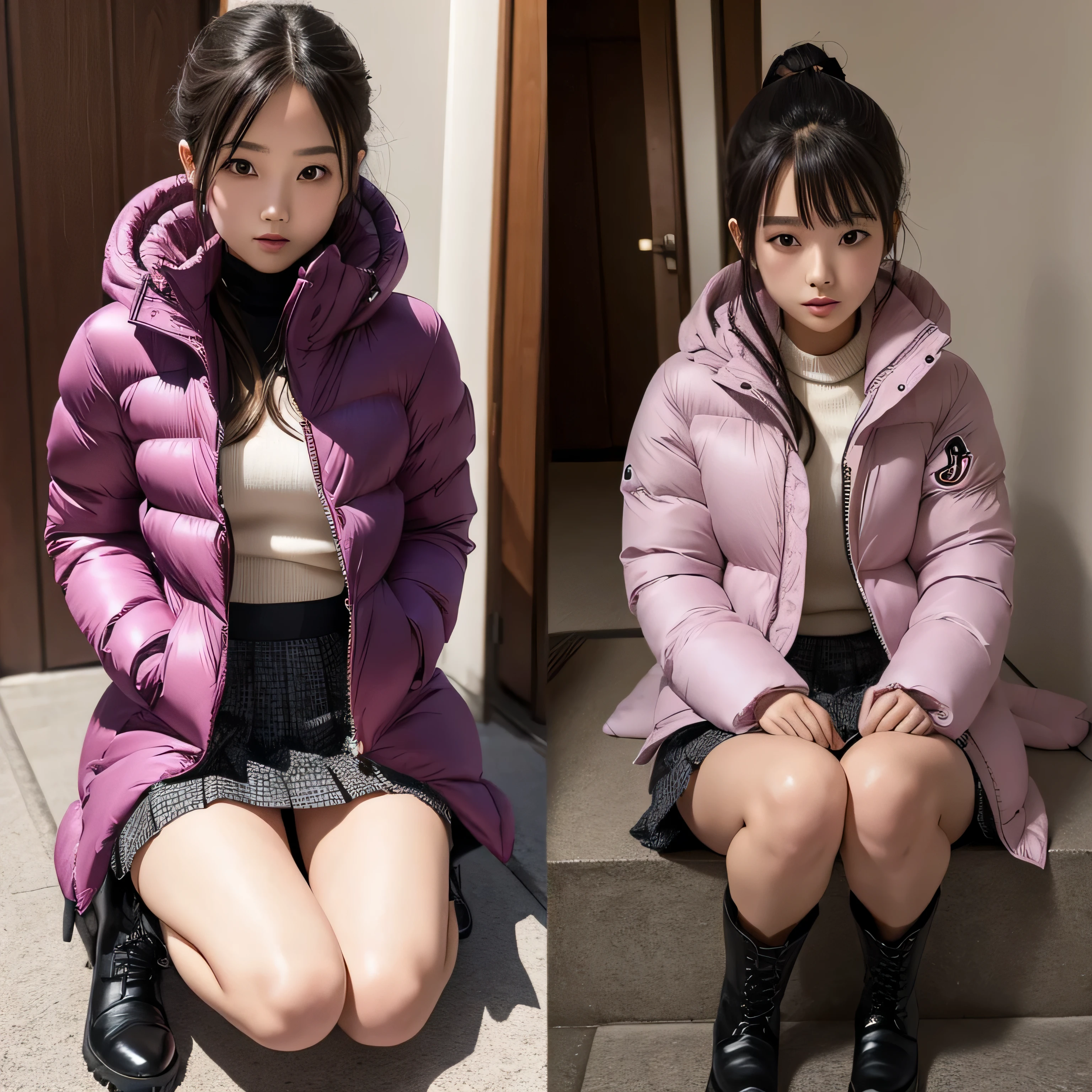Beautiful Japanese 18 year old, pov, face and body focus, tight silk moncler puffer coat, pleated skirt, lace up boots