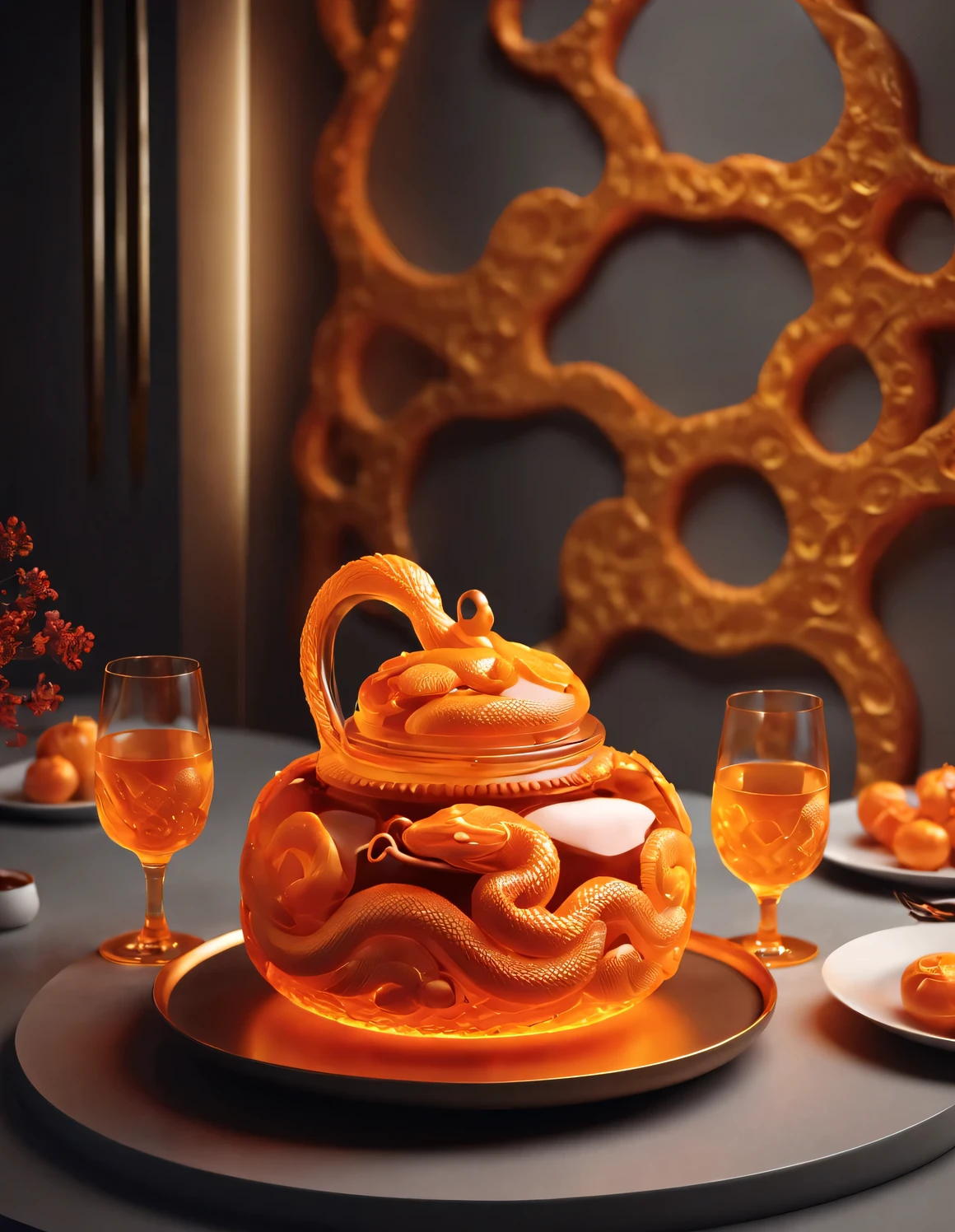 scenography，（用南瓜sculpture一个凤凰和牡丹的sculpture），中国dining table上的食品，3d rendering，32k，HD，console， cutting，sculpture，Python，background：orange，dining table，internal glow，soft light，