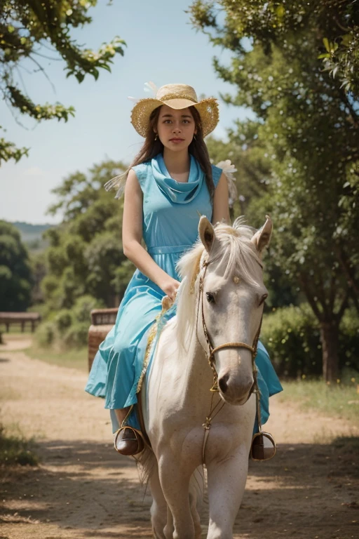 White beautiful horse with a rider in a long blue dress . On the girl's head is a wide-brimmed hat with feathers on the brim of the hat. On the girl's neck is a light fluttering yellow scarf.. Add a yellow scarf on the girl’s neck and feathers on her hat.