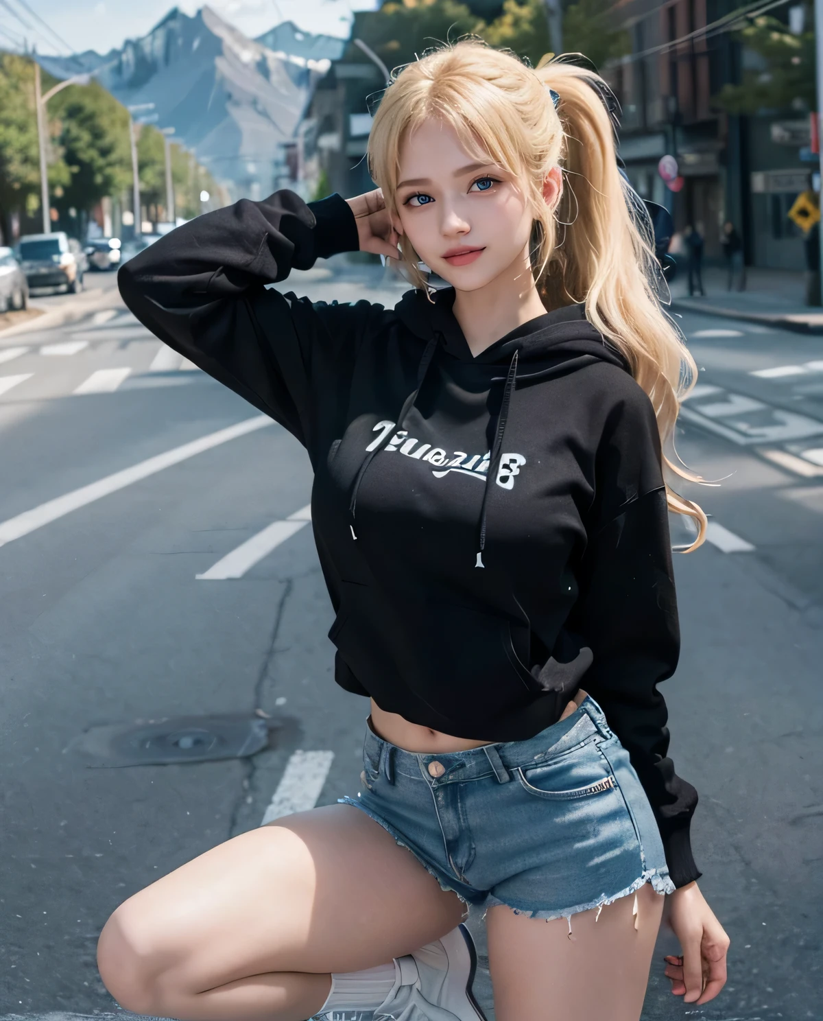 1 chica, (ojos azules), (Sonrisa), (Sana Minatozaki), Caderas anchas, tetas grandes, (gran culo), (Mejor calidad, 8k, obra maestra: 1.3), manos perfectas, Enfoque claro: 1.2, Belleza del cuerpo perfecto: 1.4, Abdominales delgados: 1.2, Textura de cara y piel muy detallada., ojos detallados, double eyelids, (cola de caballo gemela larga rubia), (capucha negra :1.3), shorts de mezclilla, de pie, dynamic pose, En la calle, piernas abiertas, (Carretera abierta), Mountains in background, Profundo en el campo