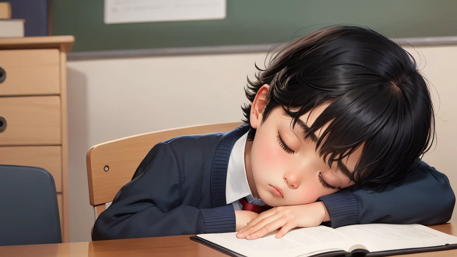 a little boy,black hair,blue school uniform,Fell asleep while doing homework at the desk,front,Highly realistic masterpiece