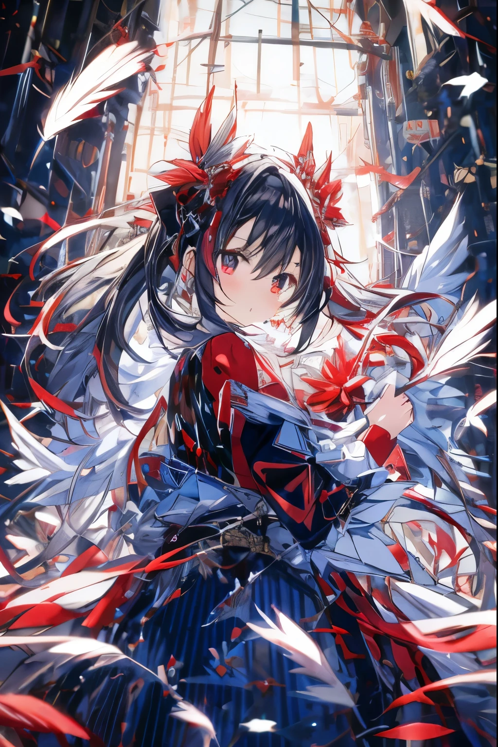 anime girl with long hair and red and white dress surrounded by feathers, best anime 4k konachan wallpaper, anime art wallpaper 4k, anime art wallpaper 4 k, anime art wallpaper 8 k, anime style 4 k, anime wallpaper 4k, anime wallpaper 4 k, 4k anime wallpaper, badass anime 8 k, 4 k manga wallpaper