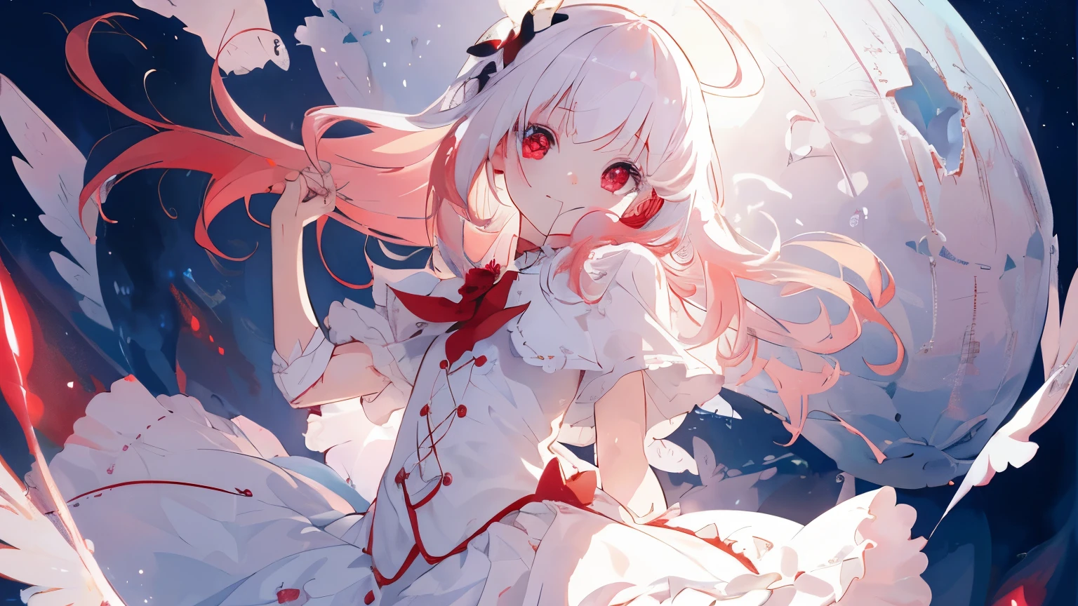 beautiful illustration, best quality, cute petit girl, (transform sequence), transform magical girl, chibi, white magical girl, fractal art, albino, babyface, long pure white and red mesh hair, beautiful detailed red eyes, cinematic lighting, cowboy shot, looking at viewer, from bottom, happy