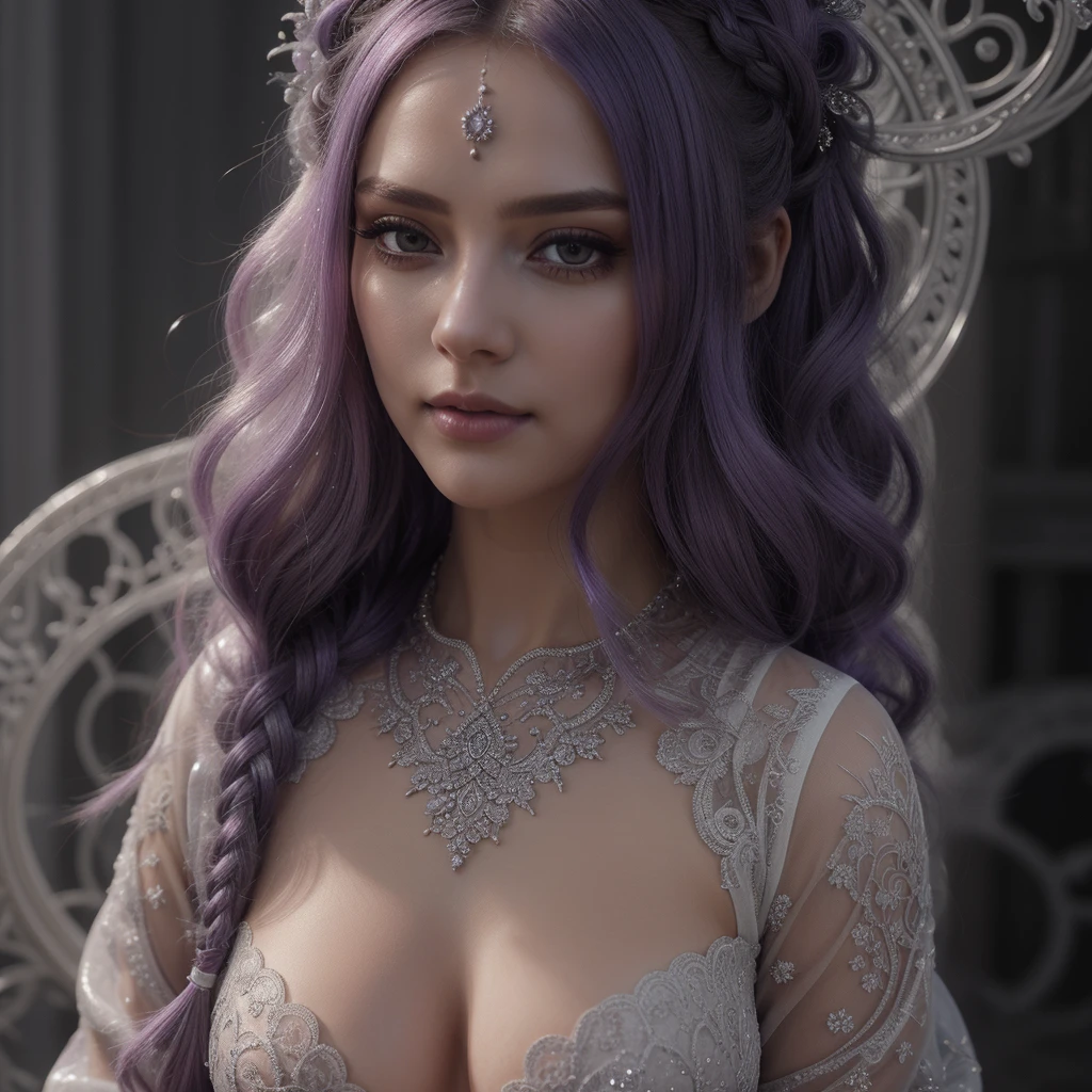 32k, extremely large and refined luminous eyes, intricate patterns, ultra realistic details, silver tight lace clothes, beautiful woman, purple hair, elaborate braided hair, ornaments in hair, floating messy hair, mystical, very detailed very detailed, difficult, masterpiece, high quality, detailed cores, mythical, energy, molecular, textures, iridescent and luminescent scales, breathtaking beauty, pure perfection, divine cinematographic