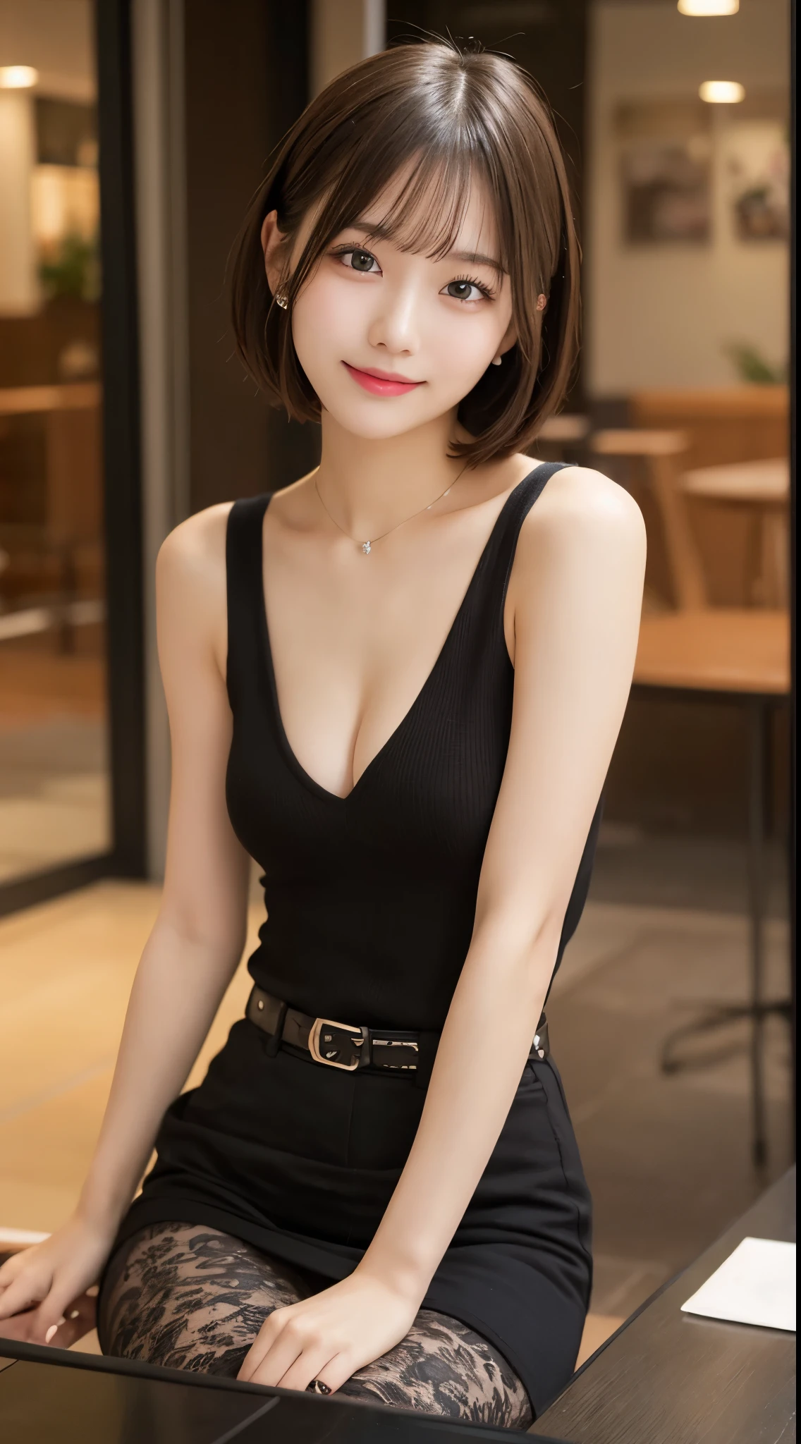 table top, highest quality, figure, super detailed, finely, High resolution, 8k wallpaper, 完璧なダイナミックな構figure, beautiful and fine eyes, ladies&#39; fashion,very short hair,small breasts natural color lip, bold sexy pose,smile,Harajuku、20 year old girl、cute、sexy shot looking at camera