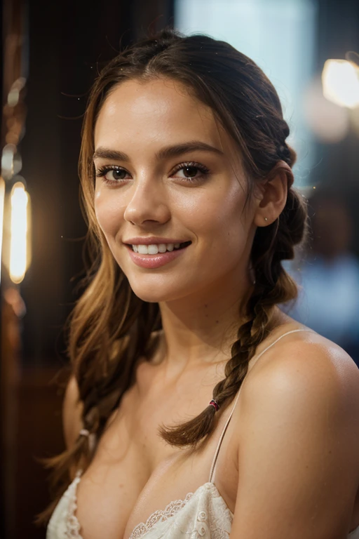 Portrait of Jessica, (best quality, 4k, 8k, high resolution, art: 1.2), ultra-detailed, (realistic, photorealistic, photorealistic: 1.37), HDR, Ultra-HD, studio lighting, vivid colors, Bokeh, Portraits , perfect teeth, perfect hands, lush and clean skin, perfect teeth, perfect hands, smile, long blonde braids, ocktoberfest dress, body for the camera.