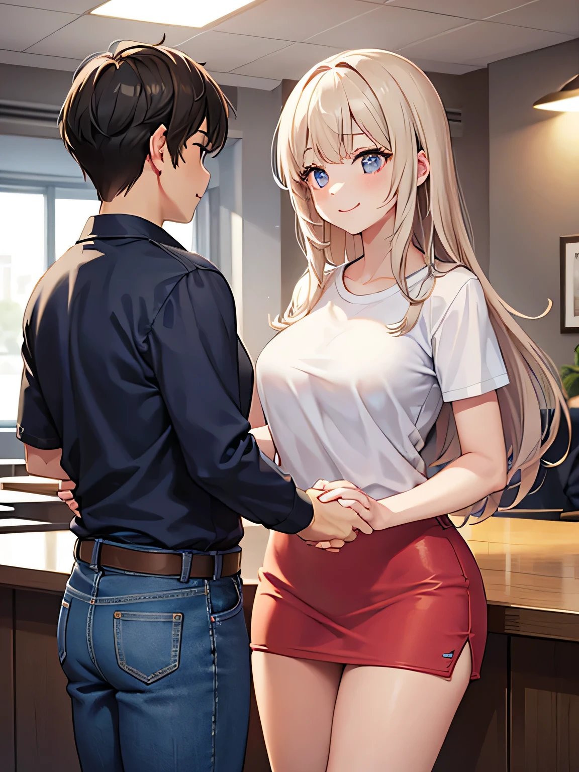 1,A man and a woman shaking hands across a white counter desk.
2,that woman is an idol, wearing glamor, ruffle costume, shake hands with a smile.
3,The man is a fan of the woman, Wearing a T-shirt and jeans, who is also shake hands with a smile with her.
4,The place is a handshake event. Lots of people lined up.