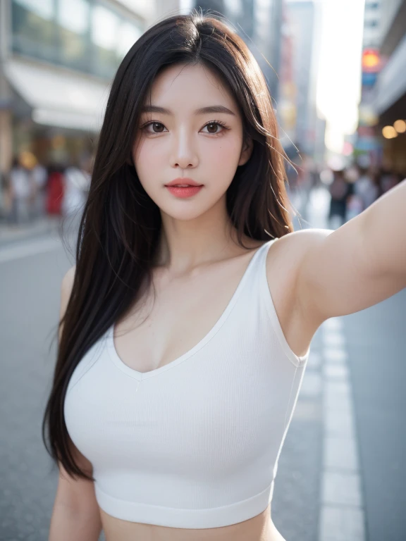 realistic, high resolution, 8k wallpapers, Complete dynamic configuration, Seoul City Background, beautiful detailed eyes, normal sized eyes, long straight hair, gray colored hair, vibrant lips, big bust, Random and plain generic poses, random case, random costumes, smile, 40 year old woman, Korean woman, (drooping eyes 1.2), (sagging eyebrows 1.2), very beautiful appearance, slim body, natural makeup, Selfie