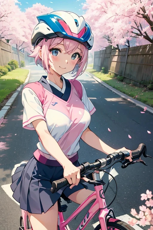 bike down the hill,japanese animation,cinematic,sunlight,Elegant girl Japanese,nice face,Take a smile,Happgo White Pink Blue Cycle Jersey,)Please wear a bicycle helmet,big breast,( Gray-pink two-tone shorthair,)Cherry blossom with falling petals,detailed hairstyles,Extremely detailed,
