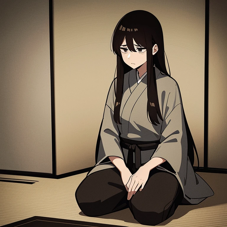 Tall woman with long brown hair and black eyes, has a black eye, wearing a grey ancient Japanese shirt and grey ancient Japanese pants looking sad in a dark room