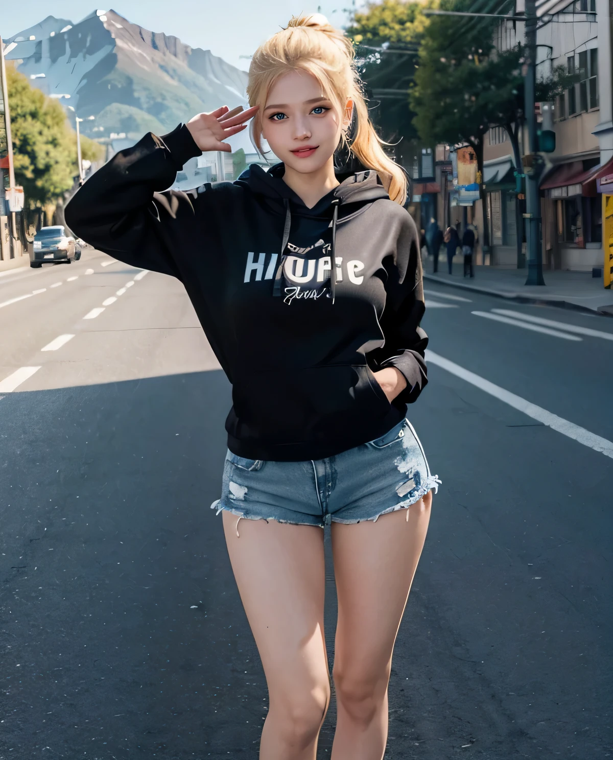 1 chica, (ojos azules), (Sonrisa), (Sana Minatozaki), Caderas anchas, tetas grandes, (gran culo), (Mejor calidad, 8k, obra maestra: 1.3), manos perfectas, Enfoque claro: 1.2, Belleza del cuerpo perfecto: 1.4, Abdominales delgados: 1.2, Textura de cara y piel muy detallada., ojos detallados, double eyelids, (cola de caballo gemela larga rubia), (capucha negra :1.3), shorts de mezclilla, de pie, dynamic pose, En la calle, piernas abiertas, (Carretera abierta), Mountains in background, Profundo en el campo