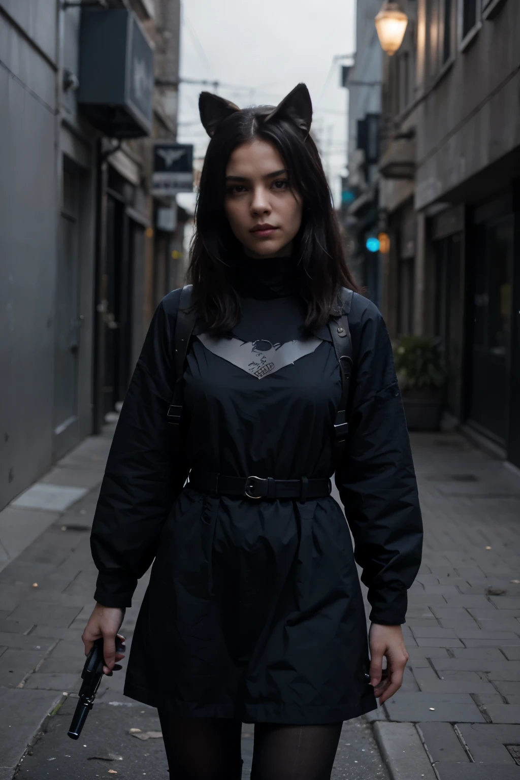 Create a lone wolf character in a dark urban alley. Dress them in practical, dark attire with subtle symbols. Use deep blues and blacks for a mysterious color palette. Portray the character confidently reserved with a signature weapon. Surround them with detailed, isolated urban scenery. 