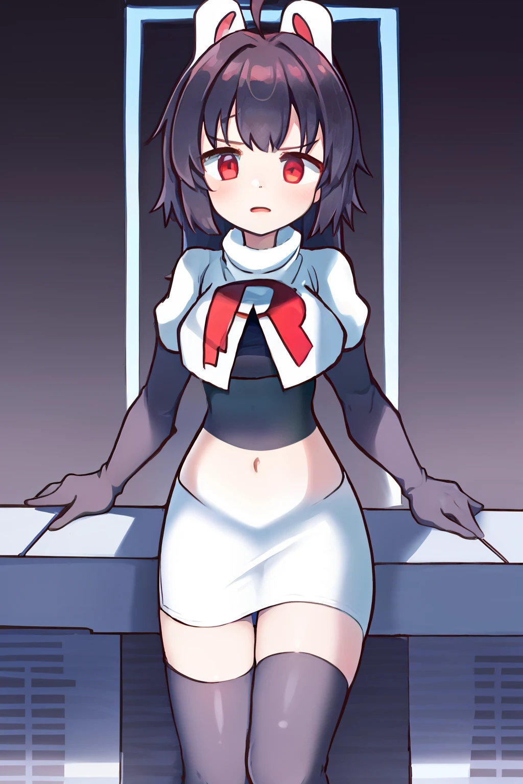 1girl, , red eyes,ahoge, team rocket,team rocket uniform, red letter R, white skirt,white crop top,black thigh-highs, black elbow gloves,