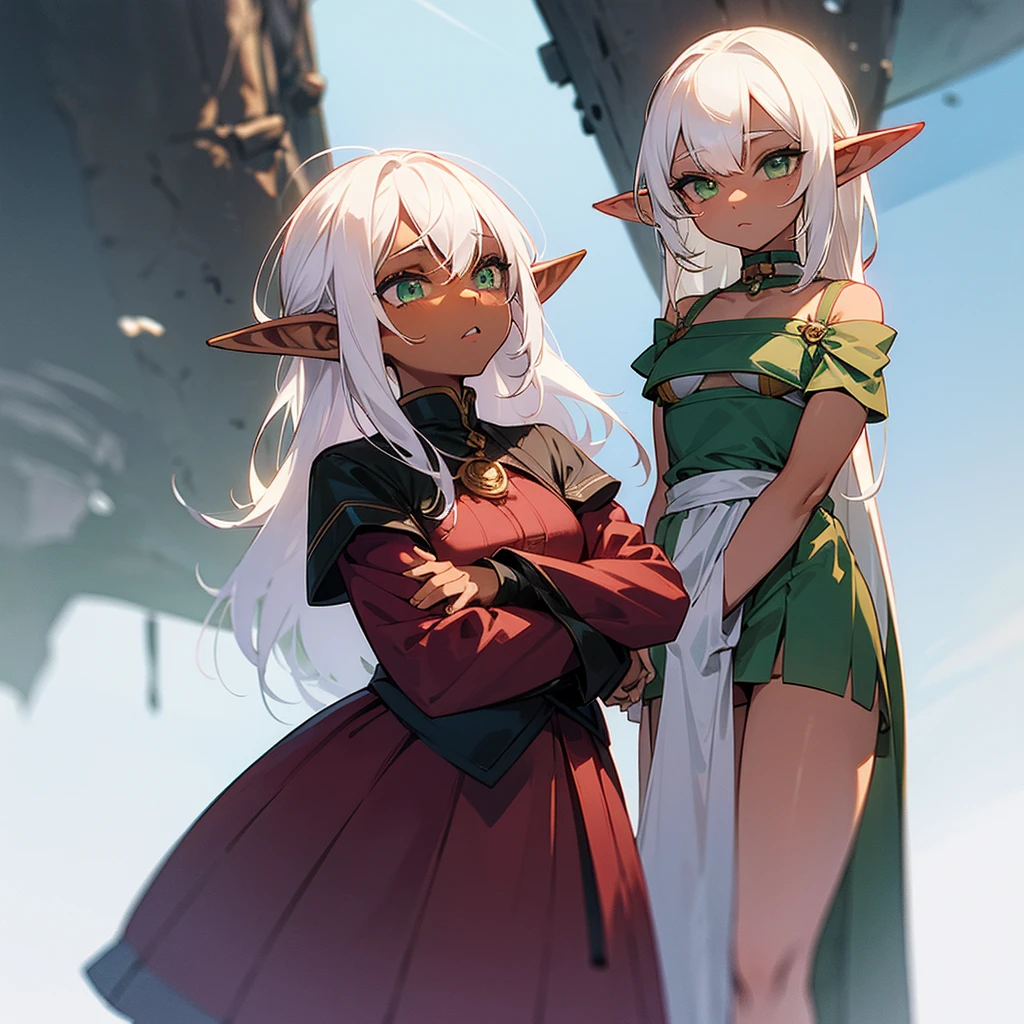 (((I want an elf woman, body with small breasts and thin waist, white hair and green eyes, dark skin, wearing a pretty dress, pouting, being alone in a hallway)))