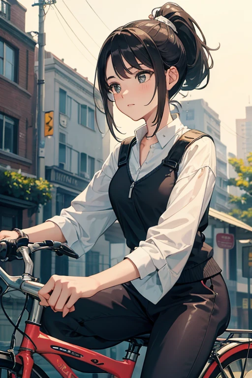 masterpiece, best quality, A woman riding a bicycle with a ponytail, like々new vitality, riding in a hurry, Arti Guerlain style