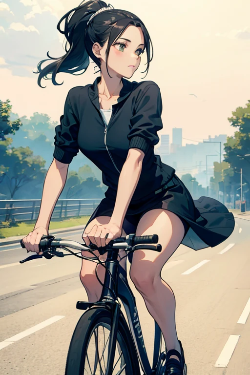 masterpiece, best quality, A woman riding a bicycle with a ponytail, like々new vitality, riding in a hurry, Arti Guerlain style