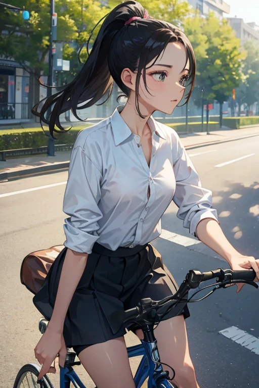 masterpiece, best quality, A woman riding a bicycle with a ponytail, like々new vitality, riding in a hurry, Arti Guerlain style