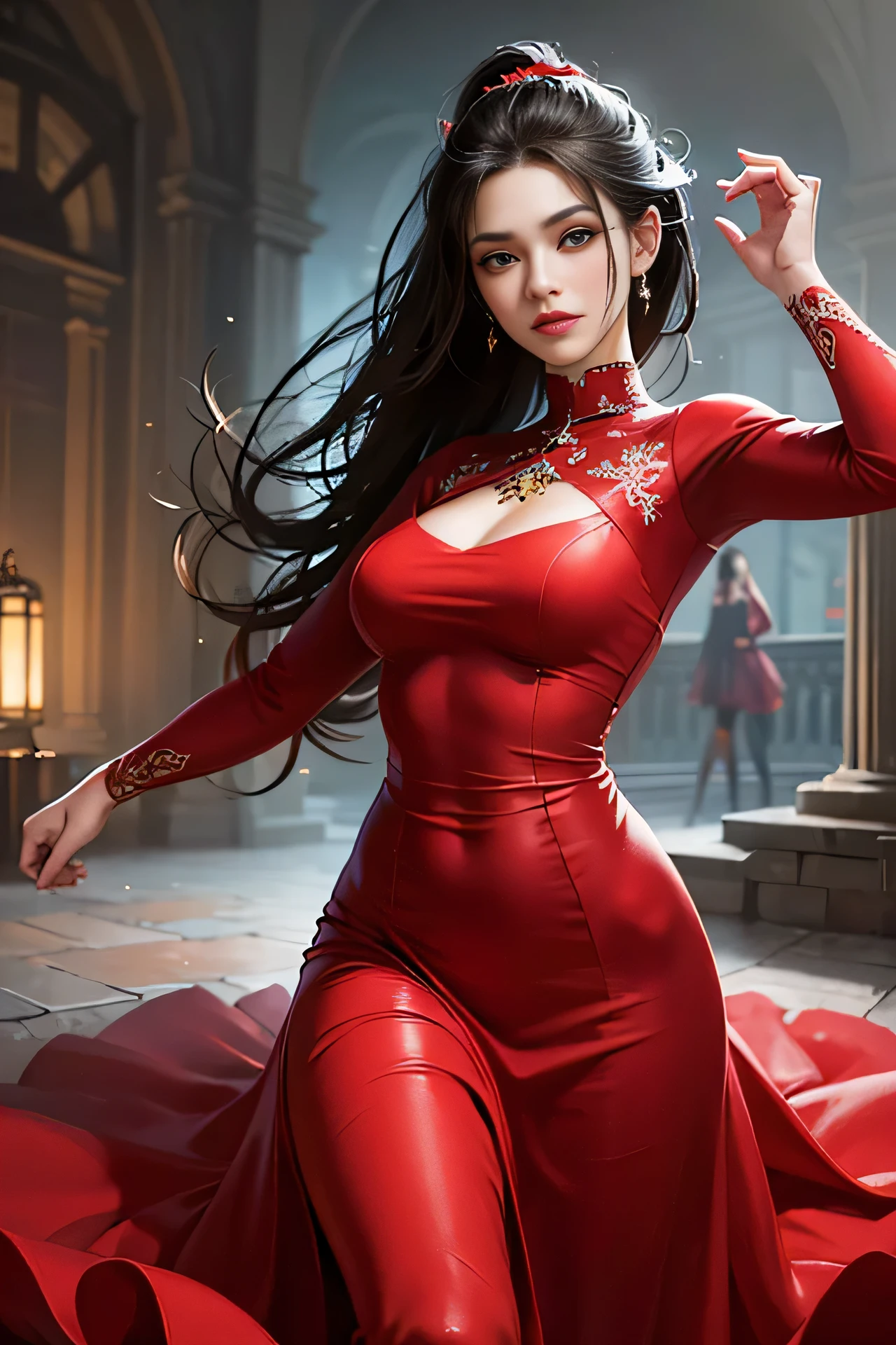 (skindentation:1.5), Realistic, Photorealistic, (masterpiece:1.5), concept art, intricate details, highly detailed, photorealistic, octane render, 8k, unreal engine, dynamic pose, best quality, highres, (realistic face:1.1), (hyperrealistic:1.1), (((full_body))), perfect eyes,(shiny skin:1.2), perfect hand, extremely detailed background, ((dynamic background)), ((1girl)), ((wearing red long silky dress)), ((detailed eyes, high quality eyes, high quality face)), long black hair, messy ponytail, dramatic, depth of field, bokeh, 4k, ancient ruin, dancer, (((dancing))), long sleeves, (((red long chiffon dress))), turtle neck, bride, wearing a red veil on face