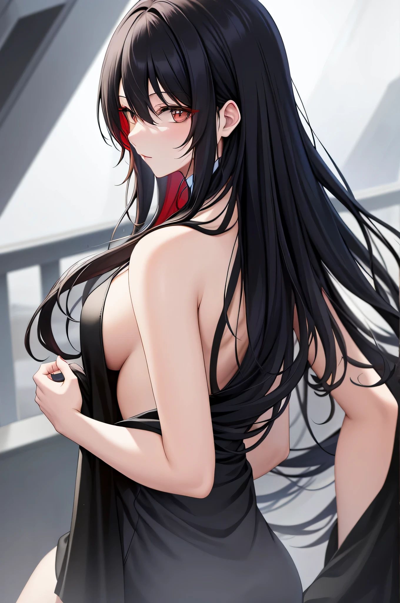 (best image quality, masterpiece:1.2), absolute resolution, high quality, one woman, break, (long black hair mixed with red:1. 1), brown eyes, big breasts,naked towel,
