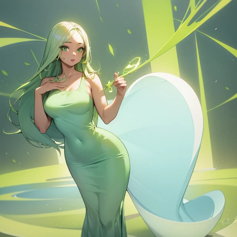 (((Light Skin Woman))),(((Light green, long hair without bangs))),(((curvy body))),(((Lime green eyes))),(((Alone))),(((Wearing a light blue dress)))