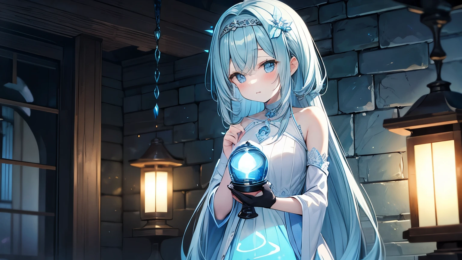 A goddess holding a lantern that emits a pale blue light is adventuring through a dark dungeon. The whole thing is bluish