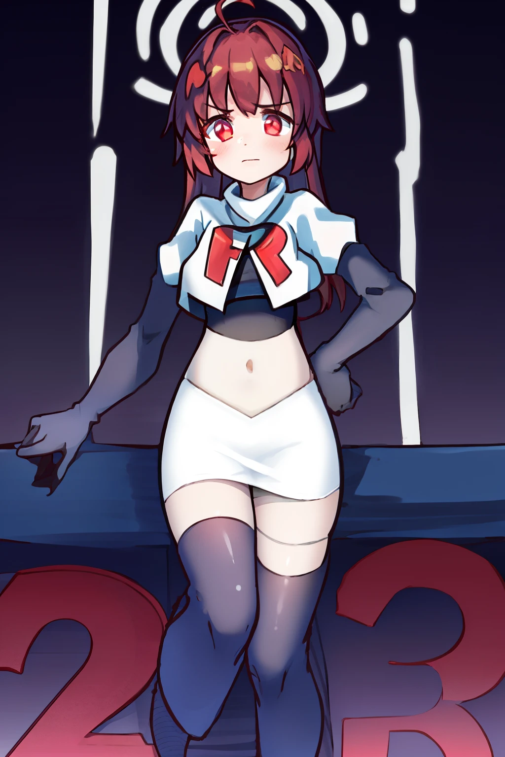 1girl, , red eyes,ahoge, team rocket,team rocket uniform, red letter R, white skirt,white crop top,black thigh-highs, black elbow gloves,