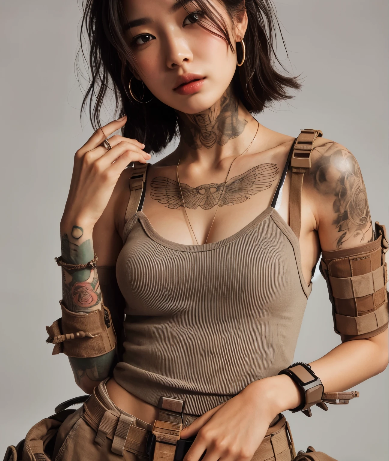 photorealistic、realistic skin texture、automatic rifle、、tattoo