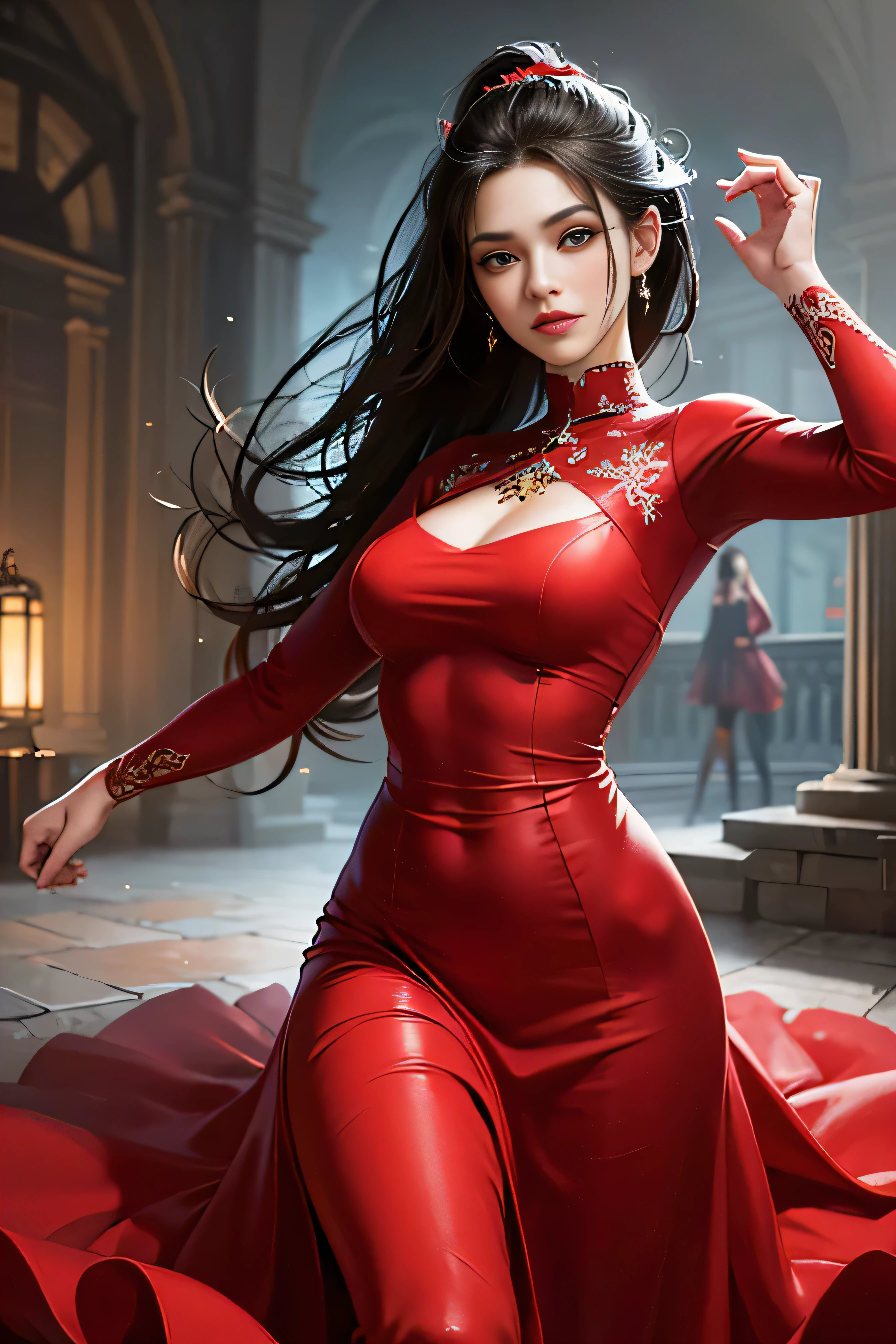 (skindentation:1.5), Realistic, Photorealistic, (masterpiece:1.5), concept art, intricate details, highly detailed, photorealistic, octane render, 8k, unreal engine, dynamic pose, best quality, highres, (realistic face:1.1), (hyperrealistic:1.1), (((full_body))), perfect eyes,(shiny skin:1.2), perfect hand, extremely detailed background, ((dynamic background)), ((1girl)), ((wearing red long silky dress)), ((detailed eyes, high quality eyes, high quality face)), long black hair, messy ponytail, dramatic, depth of field, bokeh, 4k, ancient ruin, dancer, (((dancing))), long sleeves, (((red long chiffon dress))), turtle neck, bride, wearing a red veil on face
