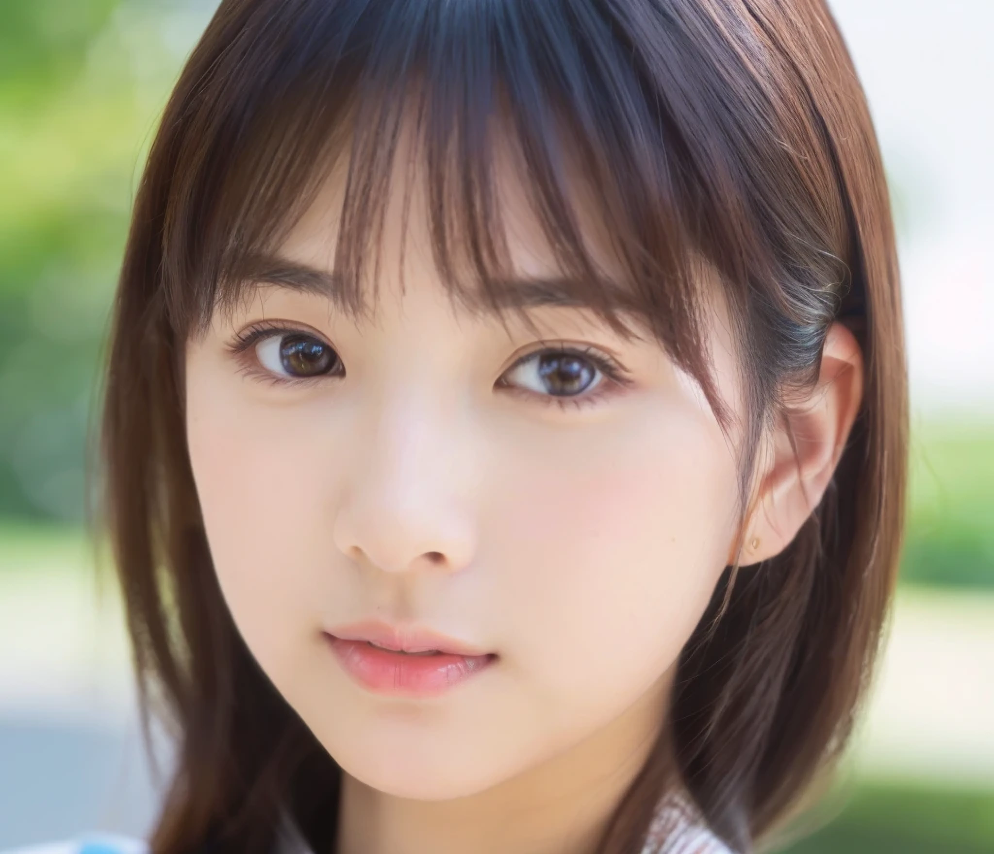 ((cute日本の女の子、beautiful japanese girl、1 girl、clear、19 years old、ponytail、Highly detailed face and skin texture、refinement、super detailed face、highly detailed eyes、Lee Hong、blush、cheek、ピンクのcheekを塗ったcheek、close-up of woman、 from the neck up、 Close to the camera、 positive face、Forward-facing body、look at the camera、front、cute、smooth white skin、Transparent skin texture、))、(dark brown hair、bangs)、beautiful woman with perfect style：1.4、japanese model、young gravure idol、若いcuteグラビアアイドル、Realistic young gravure idol、refinementされたグラビアアイドル、((highest quality、8K、masterpiece:1.3、１photograph))、(4K、RAWphotograph、highest quality)、(realistic、フォトrealistic:1.37)、Place someone on the other side of the screen、Natural light、