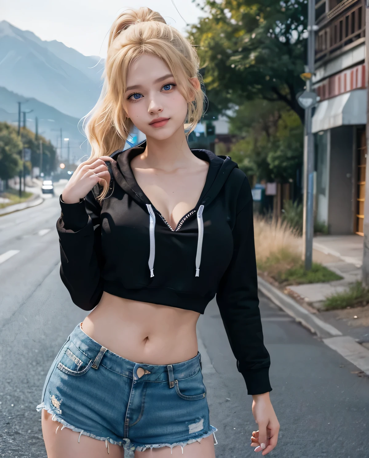 1 chica, (ojos azules), (Sonrisa), (Sana Minatozaki), Caderas anchas, tetas grandes, (gran culo), (Mejor calidad, 8k, obra maestra: 1.3), manos perfectas, Enfoque claro: 1.2, Belleza del cuerpo perfecto: 1.4, Abdominales delgados: 1.2, Textura de cara y piel muy detallada., ojos detallados, double eyelids, (cola de caballo gemela larga rubia), (capucha negra :1.3), shorts de mezclilla, de pie, dynamic pose, En la calle, piernas abiertas, (en un camino desolado :1.2), Mountains in background, Profundo en el campo