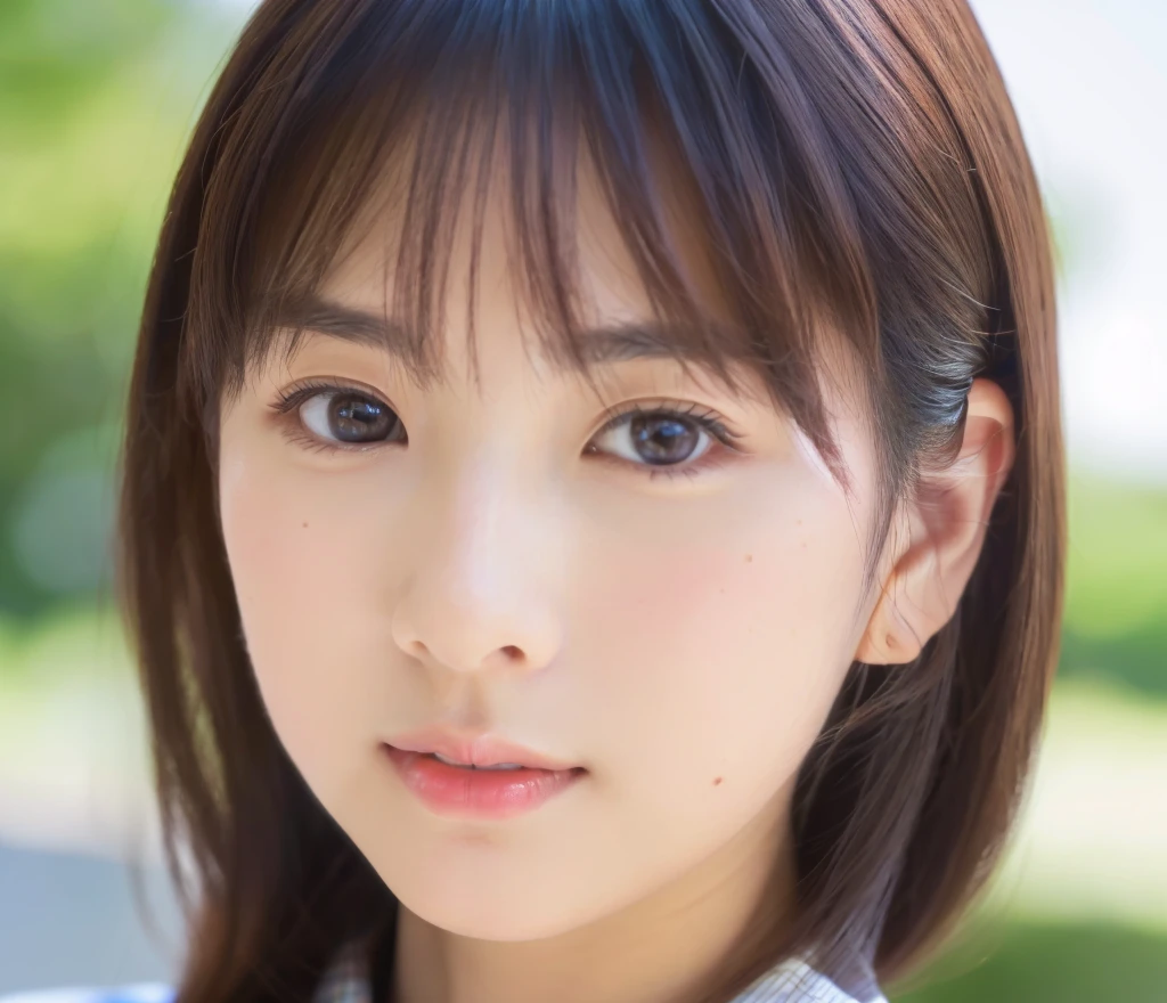 ((cute日本の女の子、beautiful japanese girl、1 girl、clear、19 years old、ponytail、Highly detailed face and skin texture、refinement、super detailed face、highly detailed eyes、Lee Hong、blush、cheek、ピンクのcheekを塗ったcheek、close-up of woman、 from the neck up、 Close to the camera、 positive face、Forward-facing body、look at the camera、front、cute、smooth white skin、Transparent skin texture、))、(dark brown hair、bangs)、beautiful woman with perfect style:1.4、japanese model、young gravure idol、若いcuteグラビアアイドル、Realistic young gravure idol、refinementされたグラビアアイドル、((highest quality、8K、masterpiece:1.3、1photograph))、(4K、RAWphotograph、highest quality)、(realistic、フォトrealistic:1.37)、Place someone on the other side of the screen、Natural light、