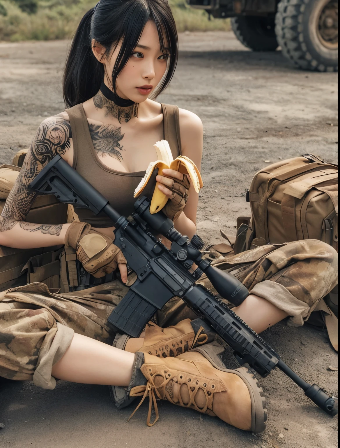 photorealistic、realistic skin texture、automatic rifle、tattoo