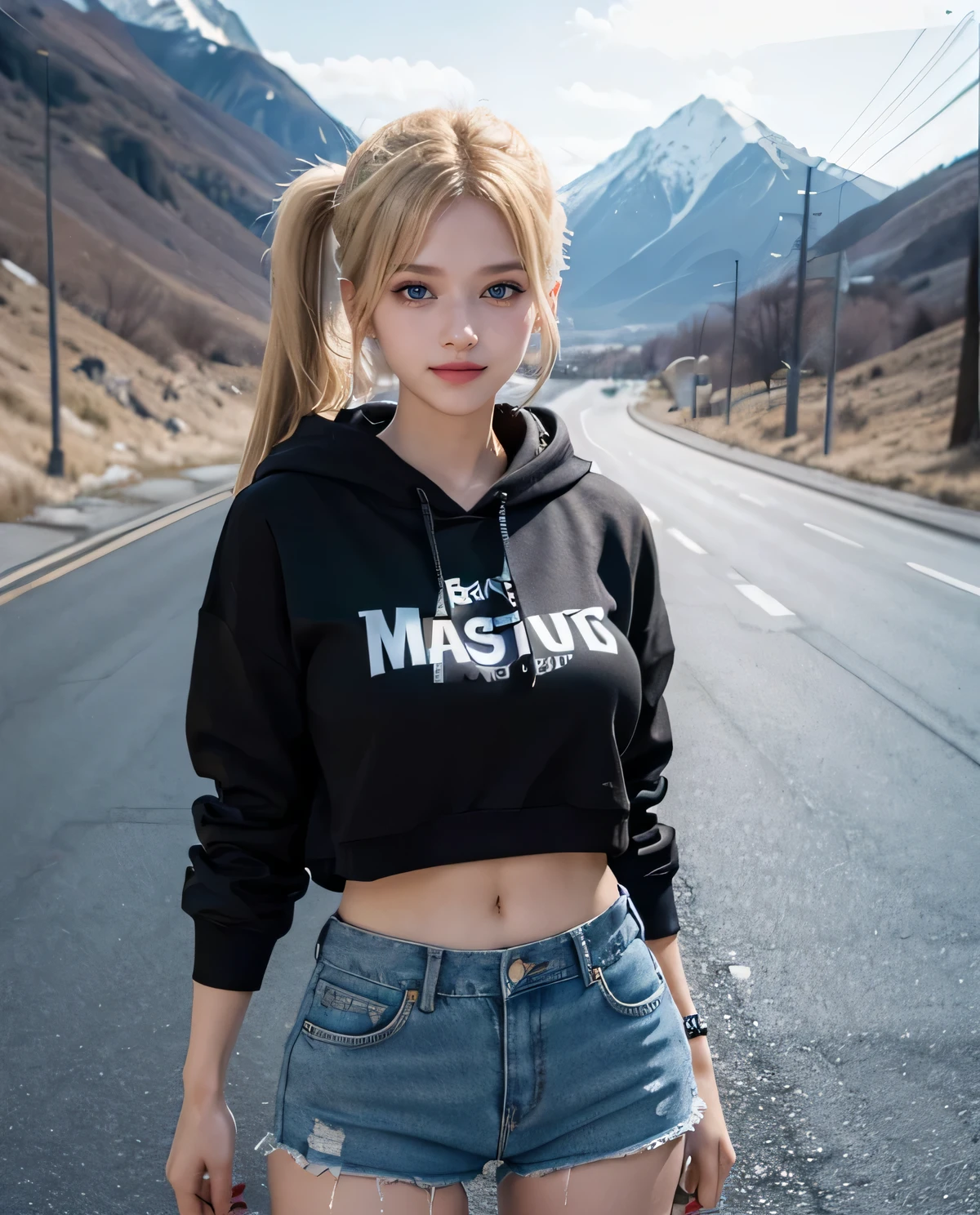 1 chica, (ojos azules), (Sonrisa), (Sana Minatozaki), Caderas anchas, tetas grandes, (gran culo), (Mejor calidad, 8k, obra maestra: 1.3), manos perfectas, Enfoque claro: 1.2, Belleza del cuerpo perfecto: 1.4, Abdominales delgados: 1.2, Textura de cara y piel muy detallada., ojos detallados, double eyelids, (cola de caballo gemela larga rubia), (capucha negra :1.3), shorts de mezclilla, de pie, dynamic pose, En la calle, piernas abiertas, (en un camino desolado :1.2), Mountains in background, Profundo en el campo