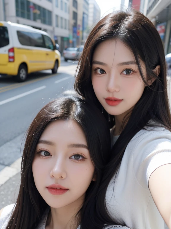 realistic, high resolution, 8k wallpapers, Complete dynamic configuration, Seoul City Background, beautiful detailed eyes, normal sized eyes, long straight hair, vibrant lips, big bust, Random and plain generic poses, random case, winter costumes, smile, 40 year old woman, Korean woman, (drooping eyes 1.2), (sagging eyebrows 1.2), very beautiful appearance, slim body, natural makeup, Selfie