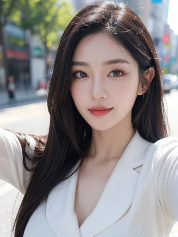 realistic, high resolution, 8k wallpapers, Complete dynamic configuration, Seoul City Background, beautiful detailed eyes, normal sized eyes, long straight hair, vibrant lips, big bust, Random and plain generic poses, random case, winter costumes, smile, 40 year old woman, Korean woman, (drooping eyes 1.2), (sagging eyebrows 1.2), very beautiful appearance, slim body, natural makeup, Selfie