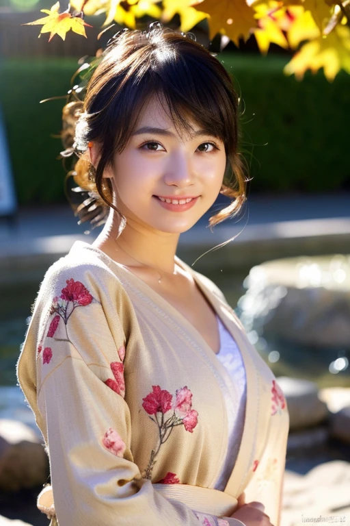 (realistic:1.3), rembrandt lighting, (masterpiece:1.2), (photorealistic:1.2), (highest quality), (fine skin:1.3), (intricate details), ray tracing,1 girl, japanese girl, 21 years old, fine skin texture, (blush:0.5), Scattered beneath the surface, smile, updo hair, bangs, hair between eyes, hair ornaments, kimono, Floral, Wearing edgJF_kimono, Seiza (bright sunny day, autumn setting, autumn tree々and leaves, (zen garden:1.2)