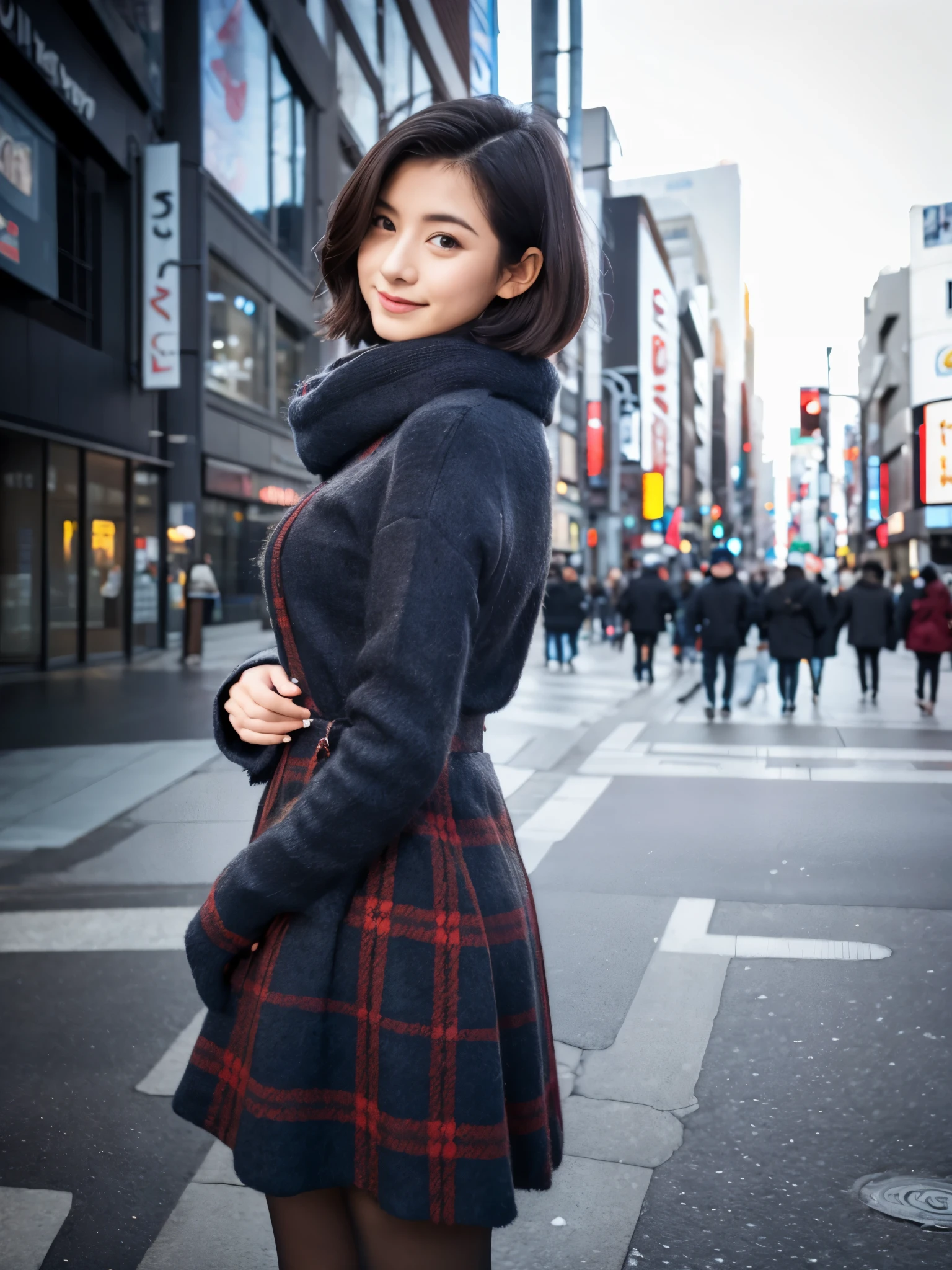 Photorealsitic, 8K, Full body portrait, Beautuful Women, A charming expression, Shorthair, sixteen years old, TOKYOcty, Winters, Shibuya in the background,Composition of the whole body