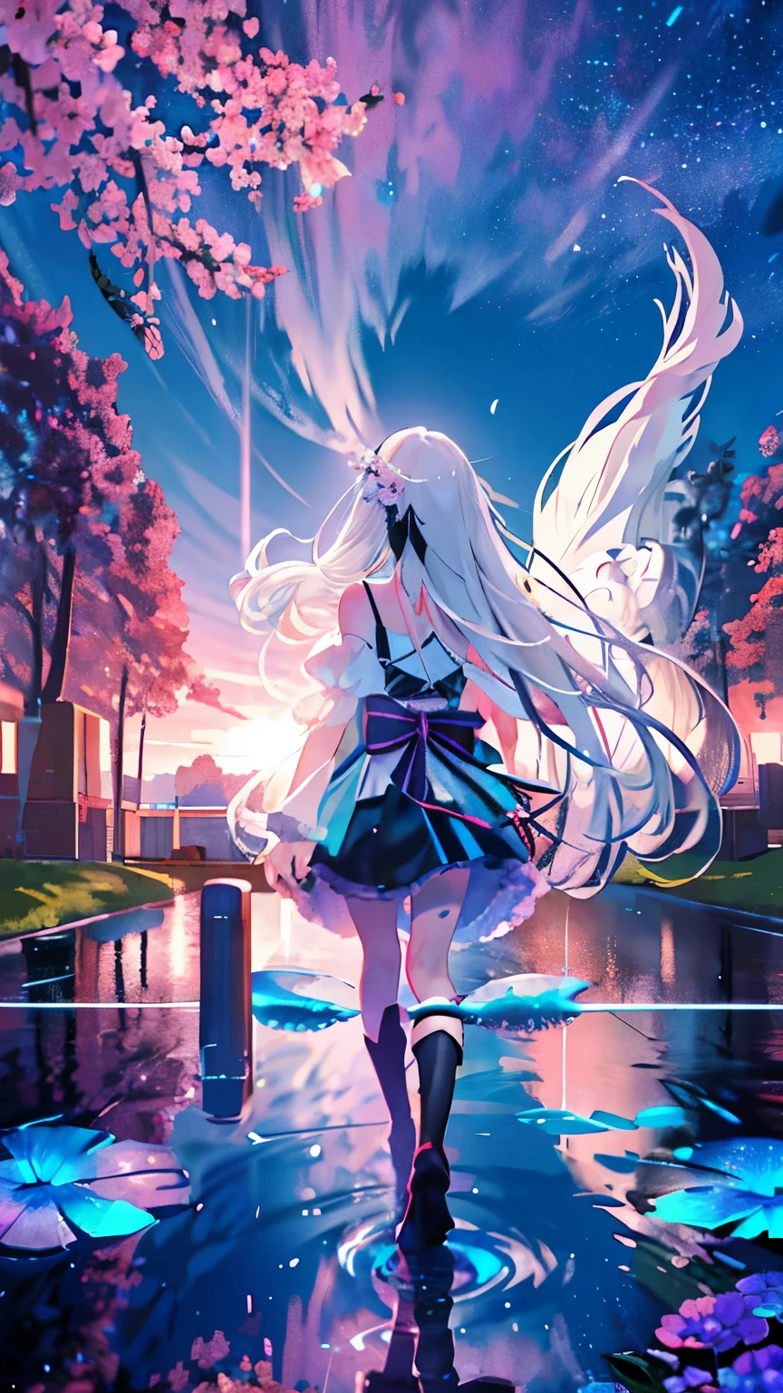 (Best picture quality), (master's work),(Detailed eye description),(Detailed facial description)(Rear view), 1 girl,purple eyes, gray hair,(very long hair),very long hair (floating in the wind), Rear view, think back, hair ornaments, flower hair ornaments. head band, ribbon, lingerie, mini skirt, garter belt, slightly exposed navel, visible shoulders, blush, pool, petal (Lens flare), walking on pool, water reflection, pool, cleavage, Medium chest, aurora sky, night sky, Galactic Sky, horizon, Mountain, forest, moon, (cover style:1.3), fashionable, woman, vibrant, swimsuit costume, take a pose, front, colorful, dynamic, background, element, shy, Performance, holding, statement, accessories, majestic, coiled, around it, touch, scene, to attract attention, catchy, modern, trend, concentrated, fashion, realistic lighting, extreme blushing