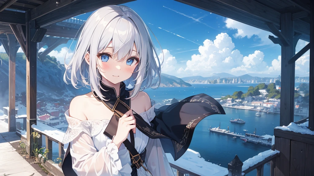 super high quality, with a girl, 20-year-old, とてもshort hair, long bangs between the eyes, pale blue eyes , blue sky, sunlight, very detailed,(masterpiece、highest quality)、alone、gray hair、laughter、White skin as clear as snow、fantasy, silver hair, black eye, beautiful eyes,, ecstasy, charm, be smitten with audience, short hair,blue sky , sunlight,fantasyな風景,looking down from above、white breath