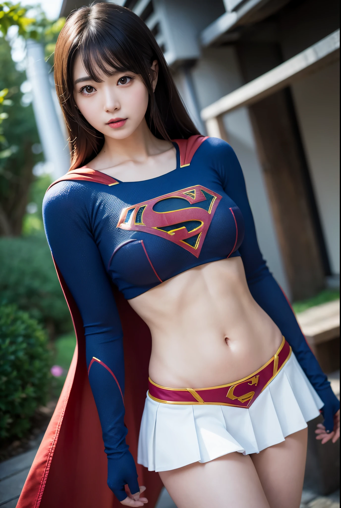 adorable, japanese girl, , (Supergirl costumes:1.2),shortcut、Plump thighs, big breasts、Chirarism、Thin belly、abs、(非常にbe familiar withな肌), (highest quality:1.0), (ultra high resolution:1.0) ,(realistic:1.0), (8K, RAW photo:1.1), (8k非常にbe familiar withなCGユニットの壁紙), (highest quality), (best illustrations), (best shadow), (be familiar with: 1.4), 3D, HDR (high dynamic range), ray tracing, NVIDIA RTX, super resolution, Scattered beneath the surface, PBR texture, Post-processing, anisotropic filtering, written boundary depth, maximum sharpness and acutance, multilayer texture, Albedo and highlight mapping, surface shading, Accurate simulation of light-matter interactions, perfect proportions, octane rendering, surreal、Photographed with Canon EOS R5、50mm lens、f / 2.8、