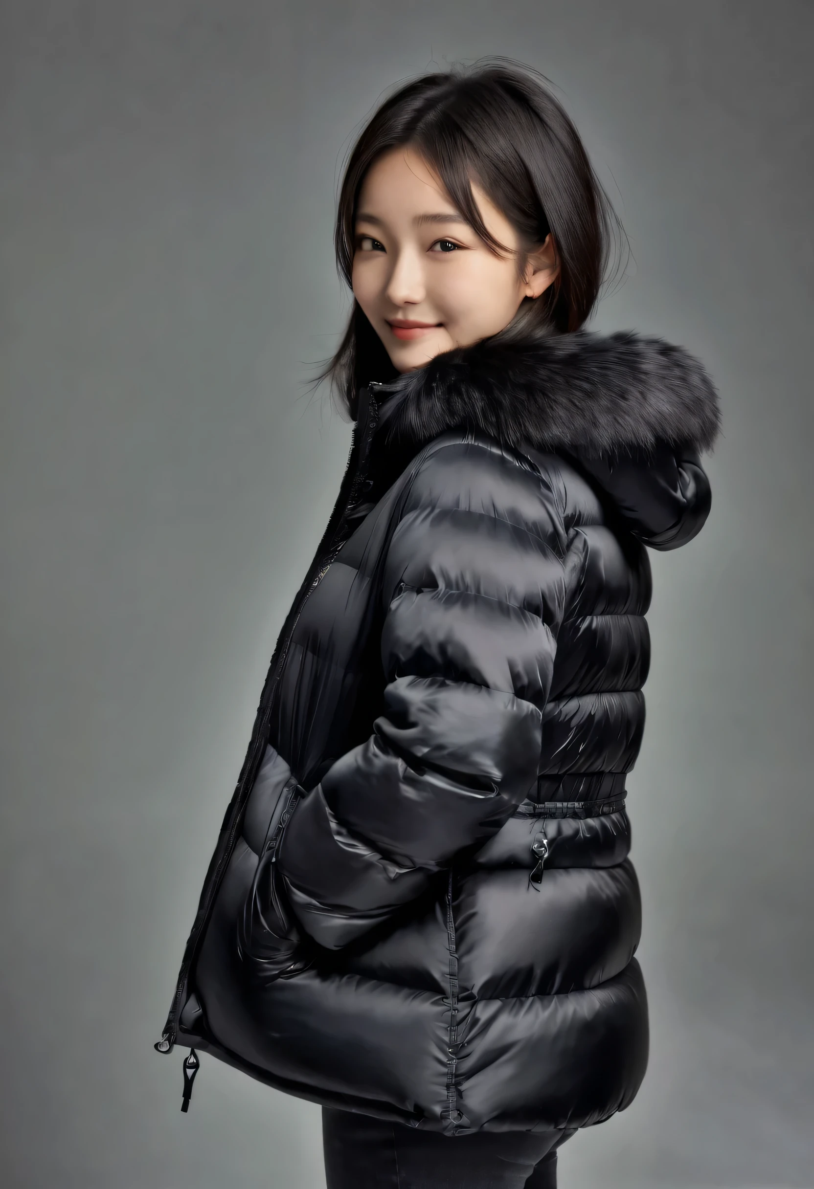 ((best quality)), ((masterpiece)), (detailed), perfect face, beautiful Japanese woman, silk tight black moncler puffer coat, seductive, face and body focus, smiling, happy, pov, curvy figure, tight puffer coat, fur hood