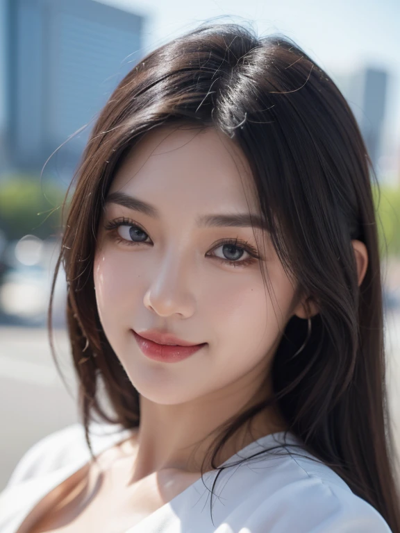 realistic, high resolution, 8k wallpapers, Complete dynamic configuration, Seoul City Background, beautiful detailed eyes, normal sized eyes, long straight hair, vibrant lips, big bust, Random and plain generic poses, random case, thick winter costumes, smile, 40 year old woman, Korean woman, (drooping eyes 1.2), (sagging eyebrows 1.2), very beautiful appearance, slim body, natural makeup, Selfie