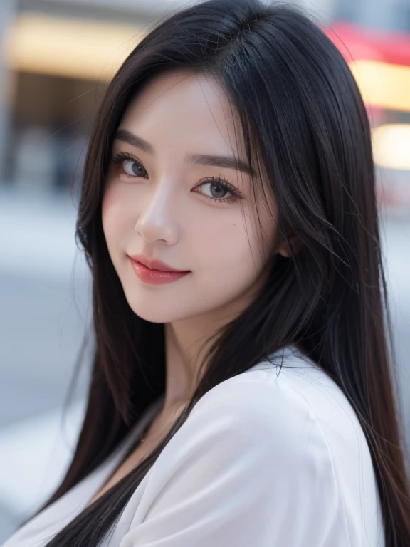 realistic, high resolution, 8k wallpapers, Complete dynamic configuration, Seoul City Background, beautiful detailed eyes, normal sized eyes, long straight hair, vibrant lips, big bust, Random and plain generic poses, random case, thick winter costumes, smile, 40 year old woman, Korean woman, (drooping eyes 1.2), (sagging eyebrows 1.2), very beautiful appearance, slim body, natural makeup, Selfie