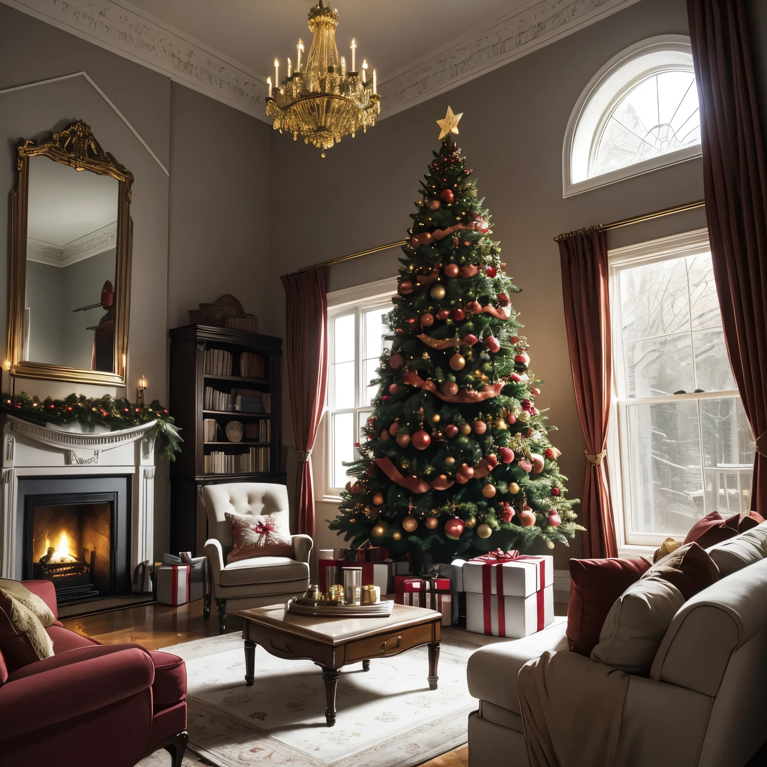 Beautiful sitting room, Christmas tree with golden ornaments, dark red presents wrapped under tree, floor to ceiling window, grey sky and snowing outside, mantle has Christmas wreath, furniture is plush and cozy, inviting scene, soft glow about the room, lighting from window and floor lamps, a fire in the fireplace mantle, interior photograph, intricate details, crown molding, stately curtains, mansion high ceilings