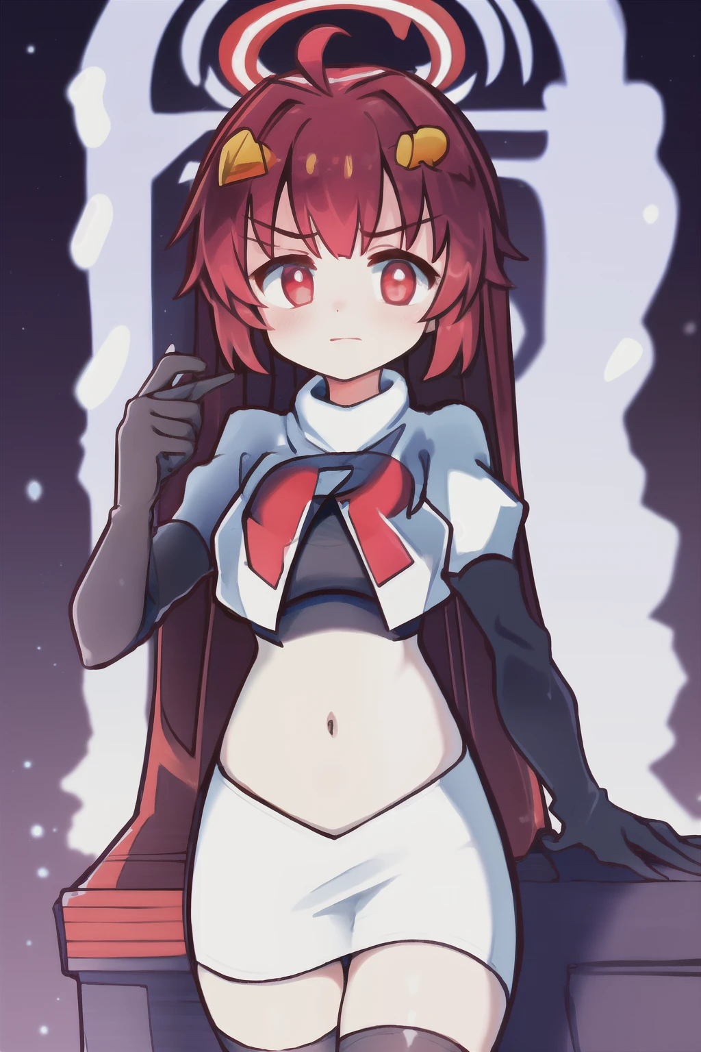 1girl, , red eyes,ahoge, team rocket,team rocket uniform, red letter R, white skirt,white crop top,black thigh-highs, black elbow gloves,