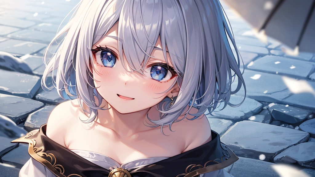 Ultra HD,Look at the viewers, Put your hands behind your back, With a girl, 20-year-old, 非常にShort Hair, Long bangs between the eyes, Pale blue eyes, Very detailed,(masterpiece、Highest quality),Gray Hair、Laughter、Fantastic, Silver Hair, Iris, Short hair、 Fluttering Hair、Small Face、明るいsmile、(Detailed face) ,Professional Lighting,Wonderful landscape,blue sky, sunlight,Looking down from above,Portraiture、Open your mouth、Flower Field、Her eyes were shining、Mysterious and enchanting atmosphere。With AI Painting、とてもShort Hair, Long bangs between the eyes, Very detailed,(masterpiece、Highest quality)、alone、Gray Hair、Fantasy, Silver Hair, Fantasyな風景、White shirt、smile、Open your mouth、short hair、Short Hair、hairpin、black eye、Grey Eyes、Beautiful Eyes、
