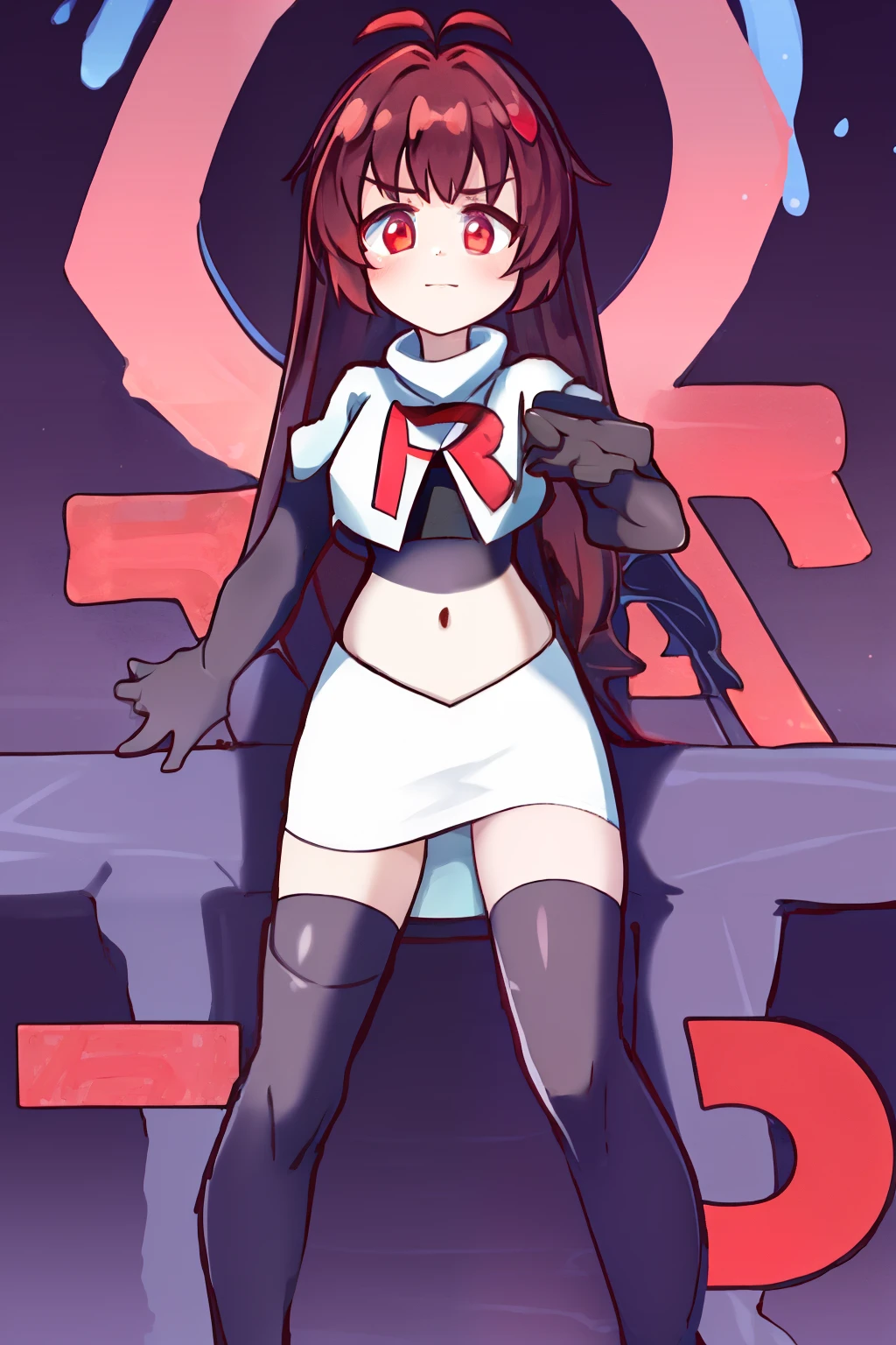 1girl, , red eyes,ahoge, team rocket,team rocket uniform, red letter R, white skirt,white crop top,black thigh-highs, black elbow gloves,
