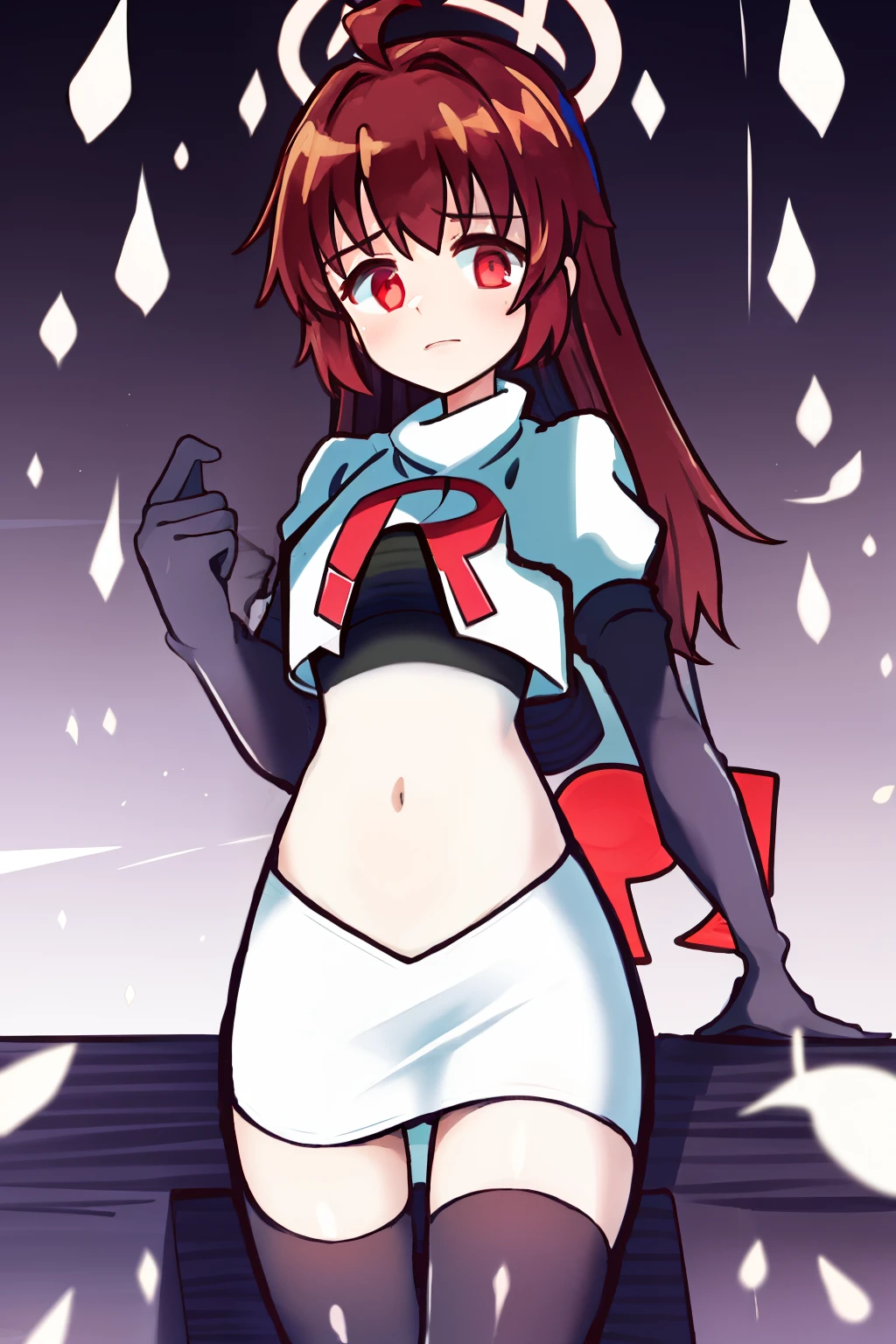 1girl, , red eyes,ahoge, team rocket,team rocket uniform, red letter R, white skirt,white crop top,black thigh-highs, black elbow gloves,