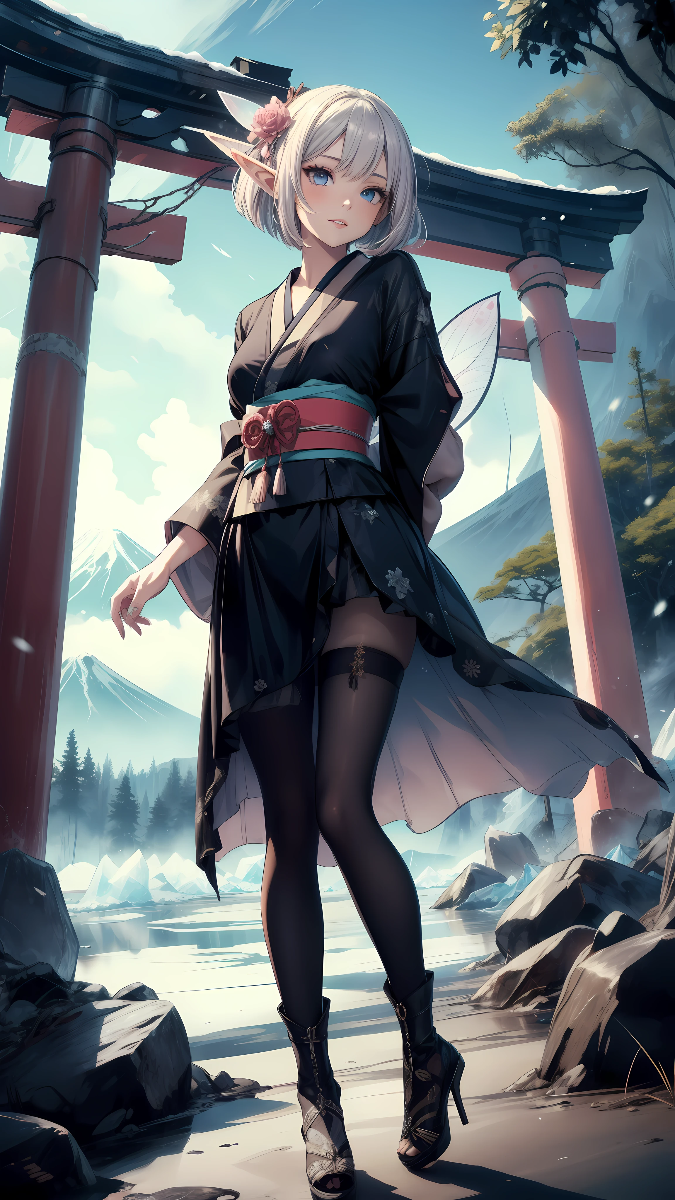 ((masterpiece )), (top quality), (best quality), ((ultra-detailed, 8k quality)), Aesthetics, Cinematic lighting, (detailed line art),
BREAK,
absurdres, elf female, athletic proportions, Bent over, ((hands behind one's back)), dynamic angle, looking at viewer, ((fairy's wing)), (Gothic kimono), pantyhose, sleeves past wrists, high heel boots, BREAK, Japanese architecture, Mt. Fuji, ((torii)), Winter Creek, (surrounded by ice crystal), (the garden of an ice sakura), HEXAGON, three-dimensional effect, amano yoshitaka,
BREAK,
highly detailed of (elf), (1girl), perfect face, details eye, Bob cut hair, blue eyes, eyelashes, eyeshadow, pink eyeshadow, light smile, design art by Artgerm, by Kawacy, By Yoshitaka Amano,
BREAK,
((perfect anatomy)), nice body, medium breast, extremely detailed finger, best hands, perfect face, beautiful face, beautiful eyes, perfect eyes, perfect fingers, correct anatomy,