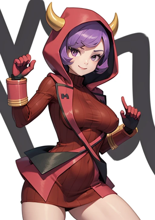 courtney, 1girl, solo, breasts, looking at viewer, smile, short hair, bangs, simple background, gloves, white background, dress, closed mouth, purple eyes, purple hair, horns, signature, hood, arm up, sweater, eyelashes, red dress, clenched hand, red gloves, ribbed sweater, hood up, fake horns, sweater dress, horned headwear, ribbed dress, tight suit, fighting suit, slightly muscular, big tits, sexy pose